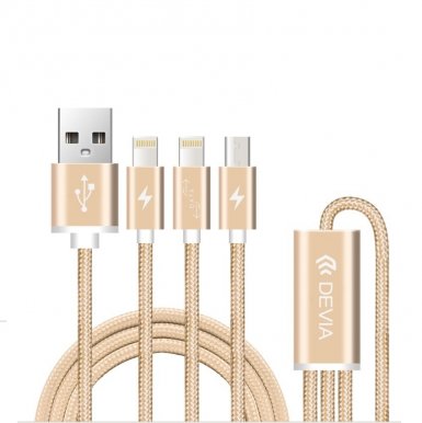 Devia Premium 3 in 1 Cable - универсален кабел с 2xLightning и MicroUSB конектори (златист)