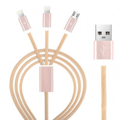 Devia Premium 3 in 1 Cable - универсален кабел с 2xLightning и MicroUSB конектори (розово злато)
