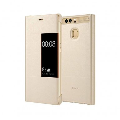 Huawei Flip Case with Window - оригинален кожен калъф с отвор за дисплея за Huawei P9 Plus (златист)