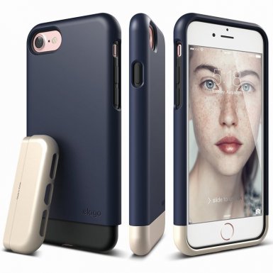 Elago S7 Glide Case + HD Clear Film - поликарбонатов кейс и HD покритие за iPhone 8, iPhone 7 (тъмносин-златист)