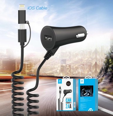 Devia T1 Car Charger MicroUSB+Lightning - зарядно за кола с USB изход и вградени кабели с microUSB и Lightning стандарти 