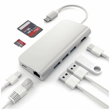 Satechi USB-C Aluminum Multiport Adapter - мултифункционален хъб за свързване на допълнителна периферия за компютри с USB-C (сребрист)