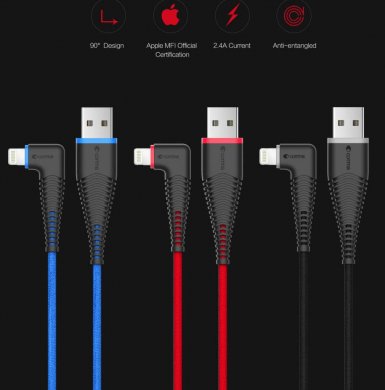 Comma Bingo MFI Angled Cable - изключително здрав и качествен Lightning кабел за iPhone, iPad, iPod (150 см.) (червен)
