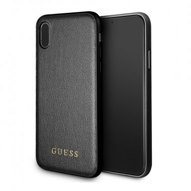 Guess Iridescent Leather Hard Case - дизайнерски кожен кейс за iPhone X, iPhone XS (черен)