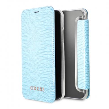 Guess Iridescent Python Book Case - дизайнерски кожен калъф, тип портфейл за iPhone XS, iPhone X (син)