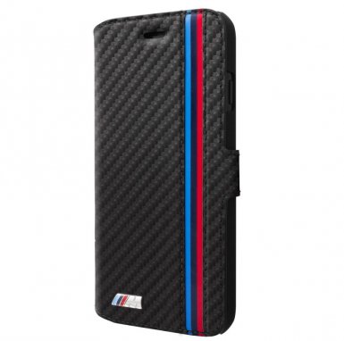 BMW M Sport Carbon Effect Booktype Case - дизайнерски кожен калъф, тип портфейл за iPhone XS, iPhone X (черен)