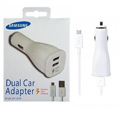 Samsung Fast Dual Car Charger EP-LN920UWEGWW 2.0A - оригинално зарядно с 2хUSB за кола с MicroUSB кабел за Samsung и мобилни телефони (бял)