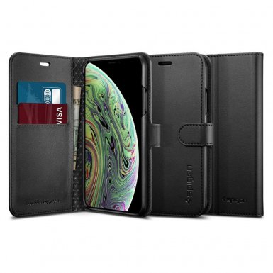 Spigen Wallet S Case - кожен калъф, тип портфейл и поставка за iPhone XS, iPhone X (черен)