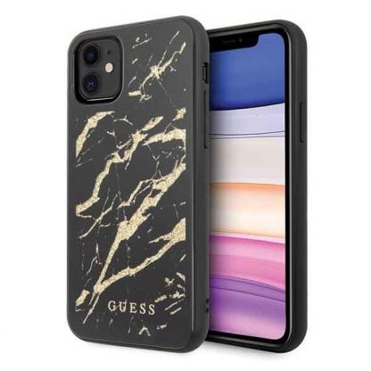 Guess Marble Glass Case - дизайнерски кейс с висока защита за iPhone 11 (черен)