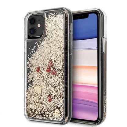 Guess Liquid Glitter Hearts Case - дизайнерски кейс с висока защита за iPhone 11 (златист)