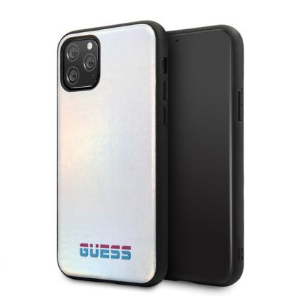 Guess Iridescent Leather Hard Case - дизайнерски кожен кейс за iPhone 11 Pro (сребрист)