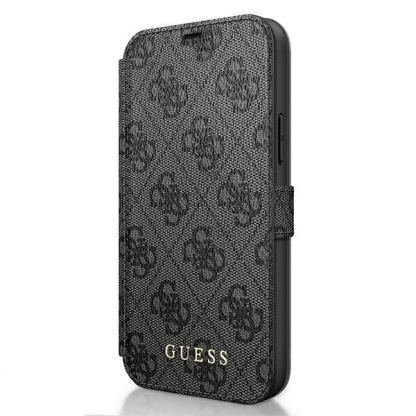 Guess Charms Collection Booktype Case - дизайнерски кожен калъф, тип портфейл за iPhone 12, iPhone 12 Pro (сив)