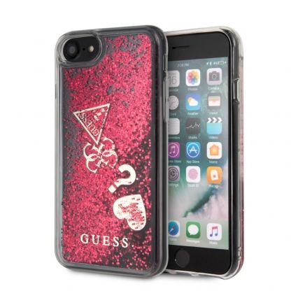Guess Liquid Glitter Hearts Case - дизайнерски кейс с висока защита за iPhone SE (2022), iPhone SE (2020), iPhone 8, iPhone 7 (червен)