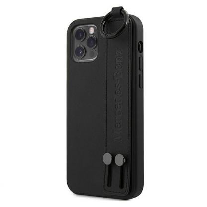 Mercedes Genuine Leather Strap Line Hard Case - дизайнерски кожен (естествена кожа) кейс с кожена лента за ръката за iPhone 12, iPhone 12 Pro (черен)