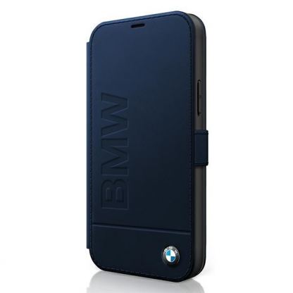 BMW Signature Logo Booktype Leather Case - дизайнерски кожен калъф (естествена кожа), тип портфейл за iPhone 12, iPhone 12 Pro (тъмносин)