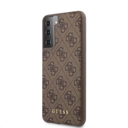 Guess 4G Charms Collection Hard Case - дизайнерски кожен кейс за Samsung Galaxy S21 Plus (кафяв)