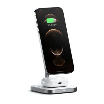 Satechi Aluminum 2-in-1 Magnetic Wireless Charging Stand - двойна поставка (пад) за безжично зареждане за iPhone с Magsafe и AirPods Pro (бял)	