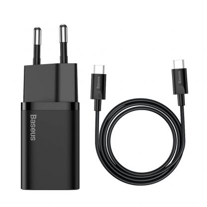 Baseus Super Si USB-C PD Wall Charger 25W (TZCCSUP-L01) - захранване за ел. мрежа с USB-C изход с технология за бързо зареждане и USB-C към USB-C кабел (черен)