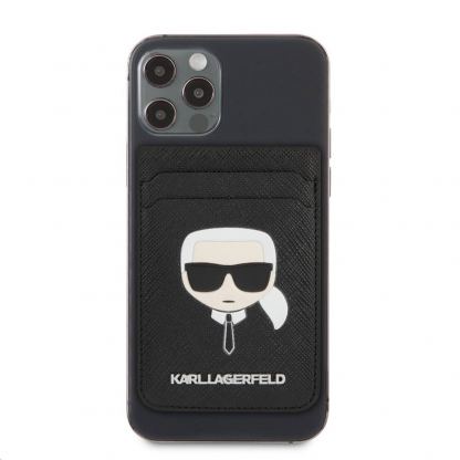 Karl Lagerfeld Saffiano Magnetic Wallet Karl Head - кожен портфейл (джоб) за прикрепяне към iPhone с MagSafe (черен)