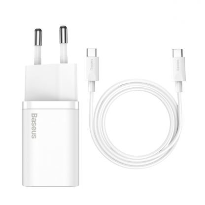 Baseus Super Si USB-C PD Wall Charger 25W (TZCCSUP-L02) - захранване за ел. мрежа с USB-C изход с технология за бързо зареждане и USB-C към USB-C кабел (бял)