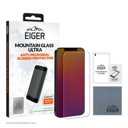 Eiger Mountian Glass Ultra Screen Protector 2.5D - калено стъклено защитно покритие с антибактериален слой за дисплея на iPhone 13, iPhone 13 Pro (прозрачен)