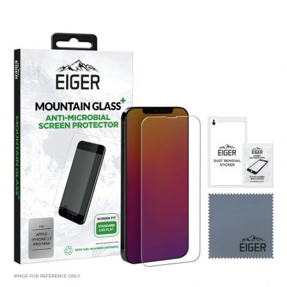 Eiger Mountian Glass Plus Screen Protector 2.5D - калено стъклено защитно покритие с антибактериален слой за дисплея на iPhone 13 Pro Max (прозрачен)