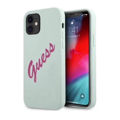 Guess Vintage Fuschia Script Silicone Case - силиконов (TPU) калъф за iPhone 12 mini (светлосин)