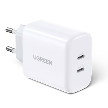 Ugreen Travel Wall Charger Power Delivery 40W - захранване за ел. мрежа смартфони и таблети с 2xUSB-C изхода и с технология за бързо зареждане (бял)