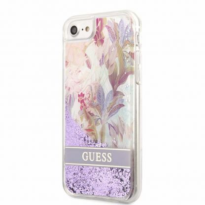 Guess Liquid Glitter Flower Case - дизайнерски кейс с висока защита за iPhone SE (2022), iPhone SE (2020), iPhone 8, iPhone 7 (лилав)