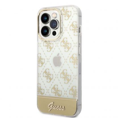Guess Peony Glitter Script Logo Case - дизайнерски кейс с висока защита за iPhone 14 Pro (златист)