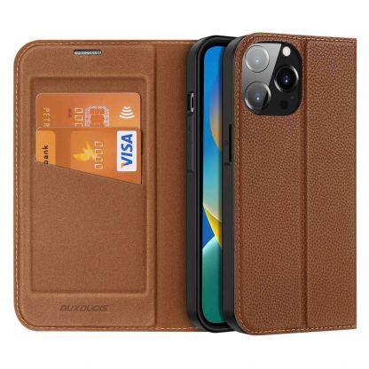 Dux Ducis Skin X2 Case - кожен калъф с поставка и отделение за кр. карти за iPhone 14 Pro Max (кафяв)