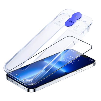 Joyroom Knight Full Screen with mounting kit (JR-H09) - комплект уред за поставяне и стъклено защитно покритие на iPhone 14 (черен-прозрачен)