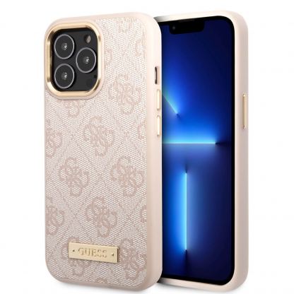 Guess PU 4G MagSafe Leather Hard Case - дизайнерски кожен кейс с MagSafe за iPhone 14 Pro (розов)