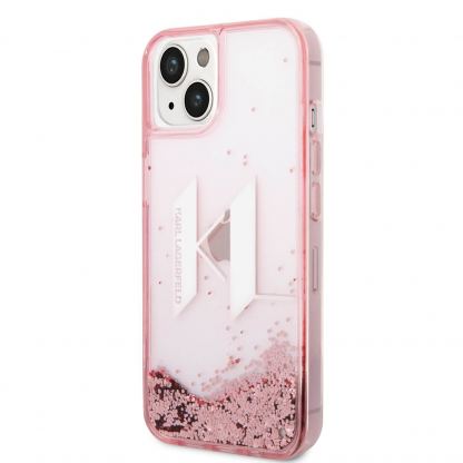 Karl Lagerfeld Liquid Glitter Big KL Logo Case - дизайнерски кейс с висока защита за iPhone 14 (прозрачен-розов)