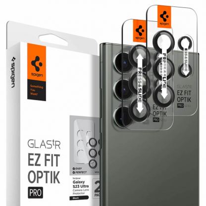 Spigen Optik Pro tR Ez Fit Lens Protector 2 Pack - 2 комплекта предпазни стъклени лещи за камерата на Samsung Galaxy S23 Ultra (черен)