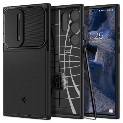 Spigen Optik Armor Case - тънък качествен силиконов (TPU) калъф с капак за камерата за Samsung Galaxy S23 Ultra (черен)