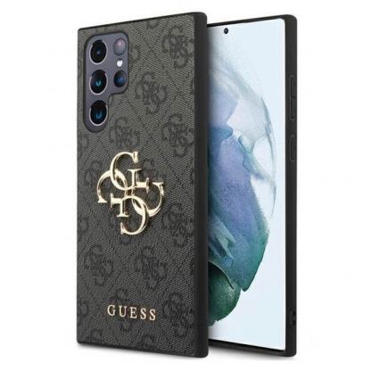 Guess Saffiano 4G Metal Logo Leather Hard Case - дизайнерски кожен кейс за Samsung Galaxy S23 Ultra (сив)