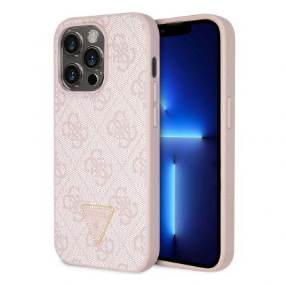 Guess Strass Triangle Metal Logo Case - силиконов (TPU) калъф за iPhone 15 Pro (розов)