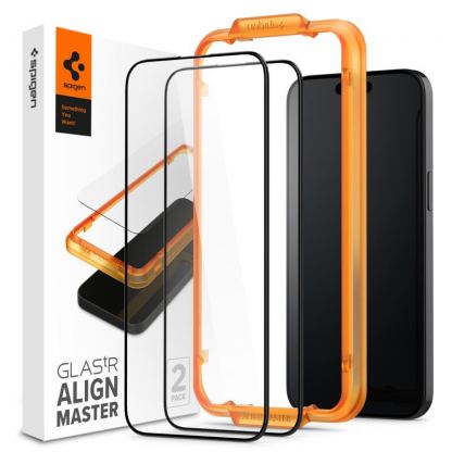 Spigen Glass.tR Align Master Full Cover Tempered Glass 2 Pack - 2 броя стъклени защитни покрития за целия дисплей на iPhone 15 Pro (черен-прозрачен)