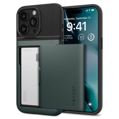 Spigen Slim Armor CS Case - хибриден кейс с отделение за кр. карти и най-висока степен на защита за iPhone 15 Pro Max (зелен)