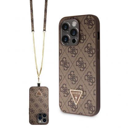 Guess PU 4G Strass Triangle Metal Logo Case With Crossbody Strap - силиконов (TPU) калъф с връзка за носене през врата за iPhone 15 Pro (кафяв)