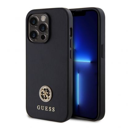 Guess PU 4G Strass Metal Logo Leather Hard Case - дизайнерски кожен кейс за iPhone 15 Pro (черен)