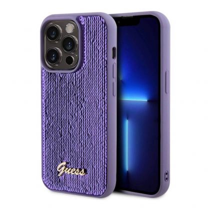 Guess Sequin Script Logo Case - дизайнерски силиконов кейс за iPhone 15 Pro (лилав)