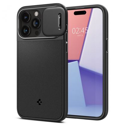 Spigen Optik Armor MagFit MagSafe Case - тънък качествен силиконов (TPU) калъф с капак за камерата с MagSafe за iPhone 15 Pro Max (черен)