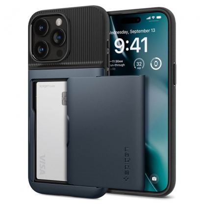 Spigen Slim Armor CS Case - хибриден кейс с отделение за кр. карти и най-висока степен на защита за iPhone 15 Pro Max (тъмносин)