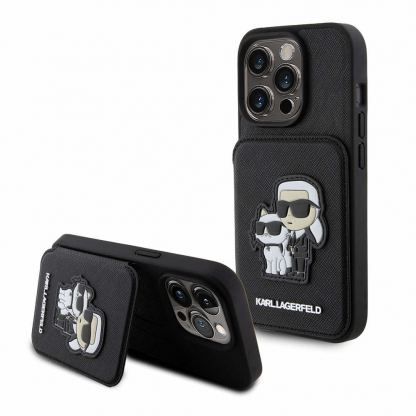 Karl Lagerfeld PU Saffiano Card Slot Stand Karl and Choupette Case - дизайнерски кожен кейс с отделение за карти за iPhone 15 Pro (черен)