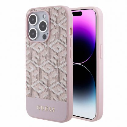 Guess PU G Cube MagSafe Leather Hard Case - дизайнерски кожен кейс с MagSafe за iPhone 15 Pro (розов)