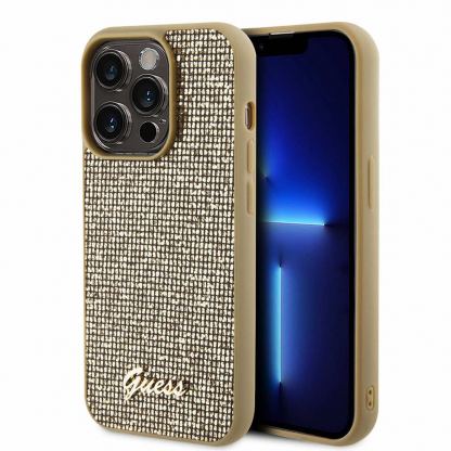 Guess PU Square Mirror Script Logo Leather Hard Case - дизайнерски кожен кейс за iPhone 15 Pro (златист)