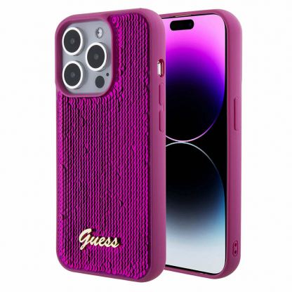 Guess Sequin Script Logo Case - дизайнерски силиконов кейс за iPhone 15 Pro (розов)
