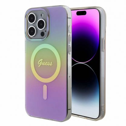 Guess IML Iridescent Script MagSafe Case - дизайнерски силиконов кейс с MagSafe за iPhone 15 Pro (розов)